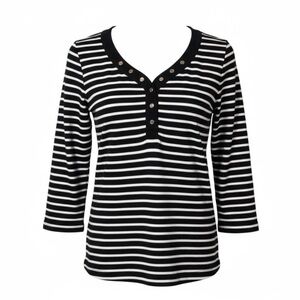Chico's Black & White Striped Henley with Button Placket